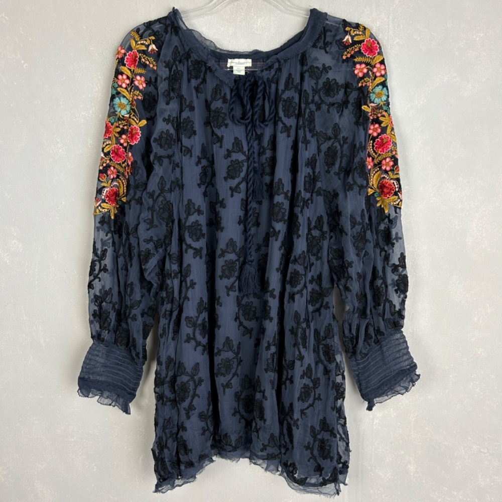 Sundance size XXL Gemma Elegance top long sleeve embroidered navy boho NEW - Picture 2 of 16